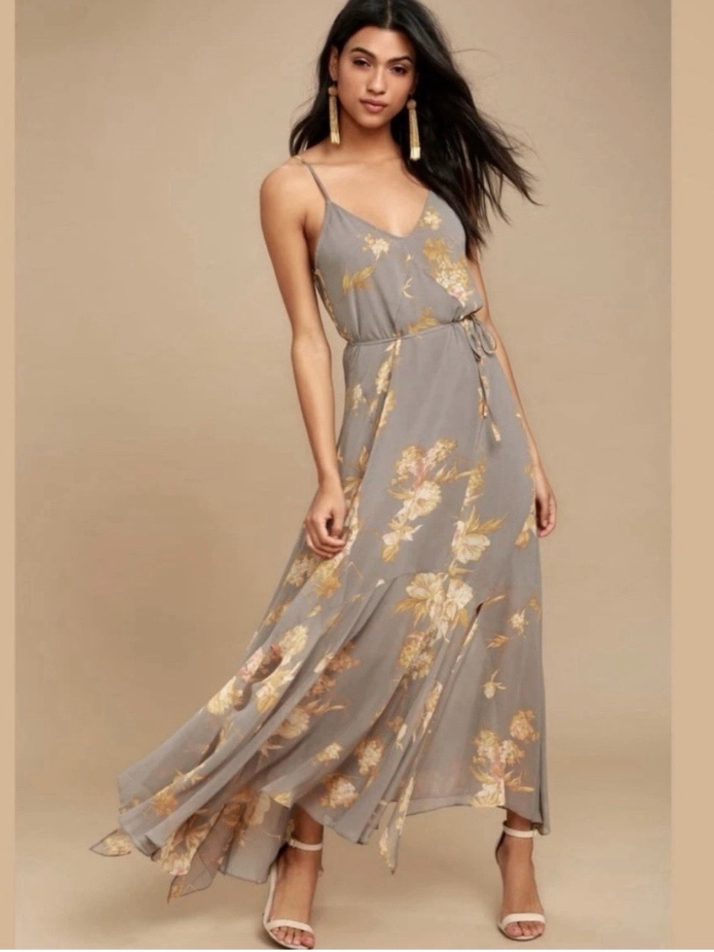 Lulu's Gray Floral Maxi Slit Dress - Size Medium